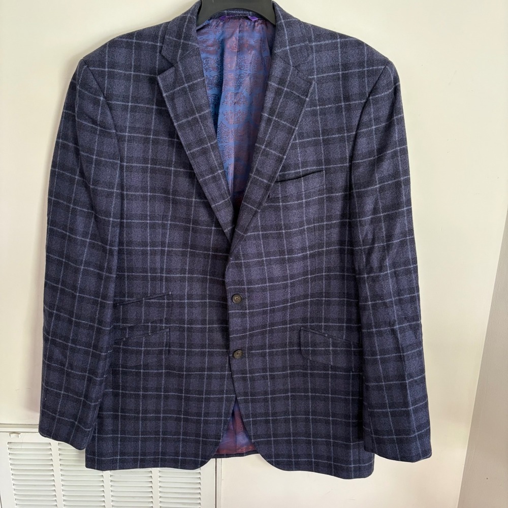 Ted Baker Endurance Plaid Sport Coat Blazer Mens Navy Blue 42 L Wool